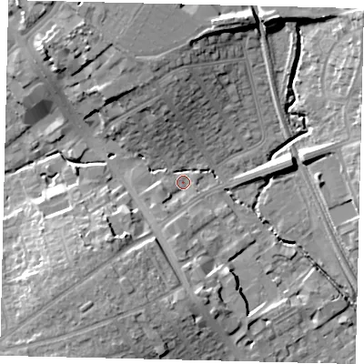 Shaded relief map of the ground around HA89GN, computed from Environment Agency LiDAR. The ground here sits at about 49 m above sea level and falls 16 m across the surrounding 800 m. Surface water reaching this point runs off ground lying to the north-north-west, 13.8 m higher.