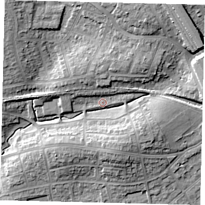 Shaded relief map of the ground around HA89HE, computed from Environment Agency LiDAR. The ground here sits at about 60 m above sea level and falls 18 m across the surrounding 800 m. Surface water reaching this point runs off ground lying to the north-north-east, 9.2 m higher.