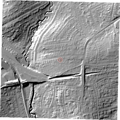 Shaded relief map of the ground around HA89LA, computed from Environment Agency LiDAR. The ground here sits at about 62 m above sea level and falls 23 m across the surrounding 800 m. Surface water reaching this point runs off ground lying to the south-east, 2.7 m higher.