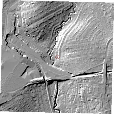 Shaded relief map of the ground around HA89LP, computed from Environment Agency LiDAR. The ground here sits at about 52 m above sea level and falls 17 m across the surrounding 800 m. Surface water reaching this point runs off ground lying to the east-south-east, 15.9 m higher.