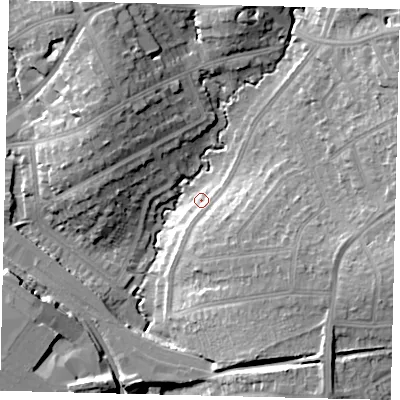 Shaded relief map of the ground around HA89LR, computed from Environment Agency LiDAR. The ground here sits at about 55 m above sea level and falls 16 m across the surrounding 800 m. Surface water reaching this point runs off ground lying to the south-south-east, 15.9 m higher.