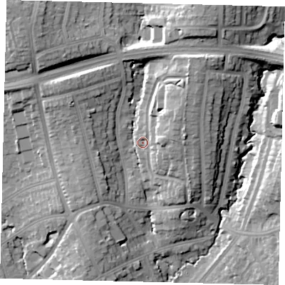 Shaded relief map of the ground around HA89PT, computed from Environment Agency LiDAR. The ground here sits at about 61 m above sea level and falls 23 m across the surrounding 800 m. Surface water reaching this point runs off ground lying to the north-west, 15.5 m higher.