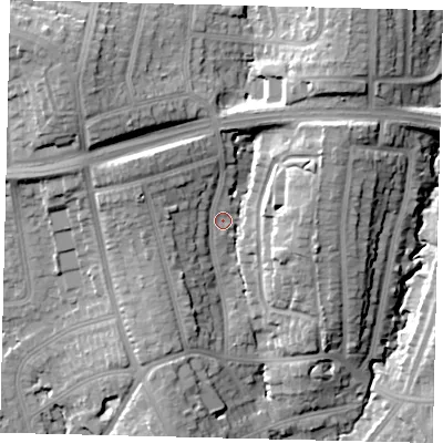 Shaded relief map of the ground around HA89QB, computed from Environment Agency LiDAR. The ground here sits at about 61 m above sea level and falls 22 m across the surrounding 800 m. Surface water reaching this point runs off ground lying to the west-north-west, 7.0 m higher.