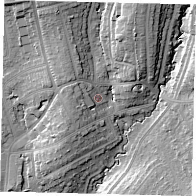 Shaded relief map of the ground around HA89QD, computed from Environment Agency LiDAR. The ground here sits at about 59 m above sea level and falls 20 m across the surrounding 800 m. Surface water reaching this point runs off ground lying to the west-north-west, 7.3 m higher.