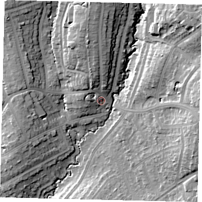 Shaded relief map of the ground around HA89QF, computed from Environment Agency LiDAR. The ground here sits at about 58 m above sea level and falls 24 m across the surrounding 800 m. Surface water reaching this point runs off ground lying to the north, 13.9 m higher.