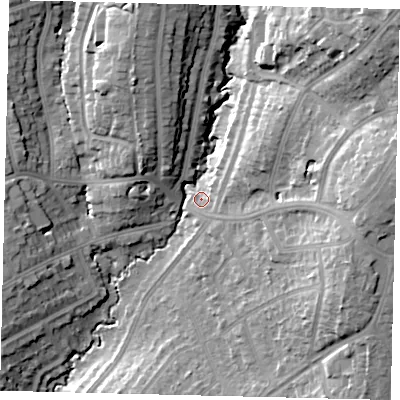 Shaded relief map of the ground around HA89RD, computed from Environment Agency LiDAR. The ground here sits at about 57 m above sea level and falls 26 m across the surrounding 800 m. Surface water reaching this point runs off ground lying to the east, 17.8 m higher.