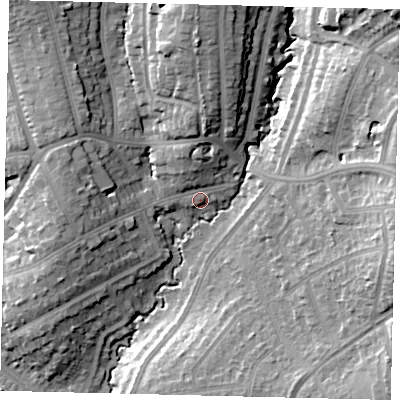 Shaded relief map of the ground around HA89TU, computed from Environment Agency LiDAR. The ground here sits at about 56 m above sea level and falls 21 m across the surrounding 800 m. Surface water reaching this point runs off ground lying to the north-north-west, 3.7 m higher.