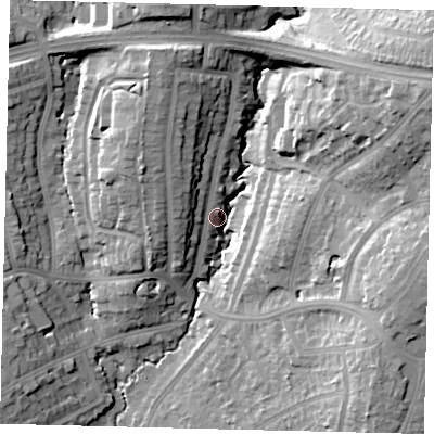 Shaded relief map of the ground around HA89UD, computed from Environment Agency LiDAR. The ground here sits at about 59 m above sea level and falls 25 m across the surrounding 800 m. Surface water reaching this point runs off ground lying to the east-north-east, 22.1 m higher.