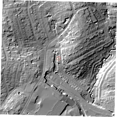 Shaded relief map of the ground around HA89UP, computed from Environment Agency LiDAR. The ground here sits at about 55 m above sea level and falls 16 m across the surrounding 800 m. Surface water reaching this point runs off ground lying to the north-north-east, 11.6 m higher.