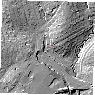 Shaded relief map of the ground around HA89UR, computed from Environment Agency LiDAR. The ground here sits at about 54 m above sea level and falls 17 m across the surrounding 800 m. Surface water reaching this point runs off ground lying to the north-north-east, 11.6 m higher.