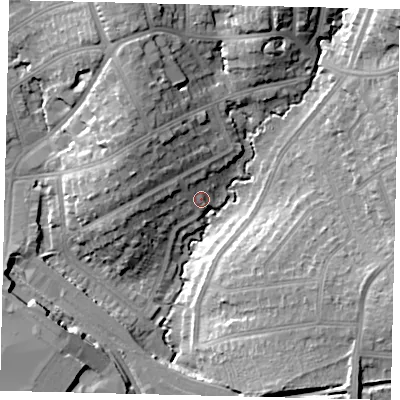 Shaded relief map of the ground around HA89UY, computed from Environment Agency LiDAR. The ground here sits at about 55 m above sea level and falls 16 m across the surrounding 800 m. Surface water reaching this point runs off ground lying to the north-north-west, 16.4 m higher.