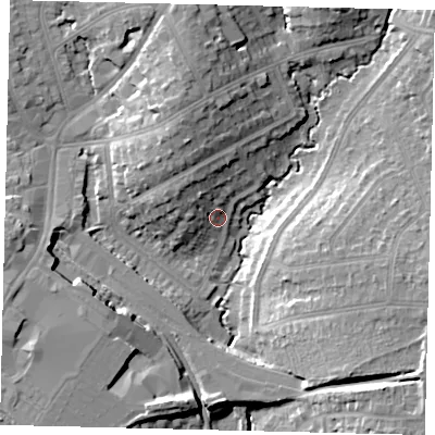 Shaded relief map of the ground around HA89UZ, computed from Environment Agency LiDAR. The ground here sits at about 54 m above sea level and falls 17 m across the surrounding 800 m. Surface water reaching this point runs off ground lying to the north, 12.2 m higher.