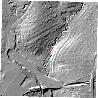 Shaded relief map of the ground around HA89XA, computed from Environment Agency LiDAR. The ground here sits at about 52 m above sea level and falls 17 m across the surrounding 800 m. Surface water reaching this point runs off ground lying to the west-south-west, 4.6 m higher.