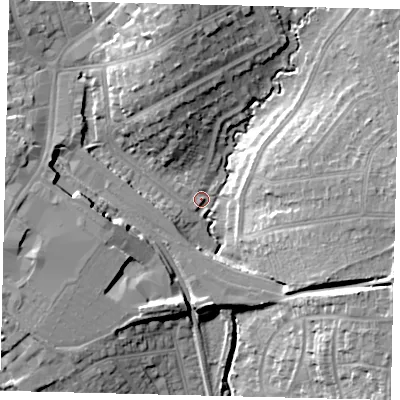 Shaded relief map of the ground around HA89XB, computed from Environment Agency LiDAR. The ground here sits at about 52 m above sea level and falls 17 m across the surrounding 800 m. Surface water reaching this point runs off ground lying to the east-south-east, 15.9 m higher.