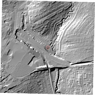 Shaded relief map of the ground around HA89XD, computed from Environment Agency LiDAR. The ground here sits at about 52 m above sea level and falls 17 m across the surrounding 800 m. Surface water reaching this point runs off ground lying to the east-south-east, 15.5 m higher.