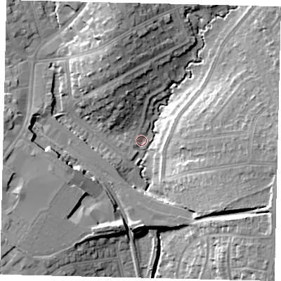 Shaded relief map of the ground around HA89XE, computed from Environment Agency LiDAR. The ground here sits at about 51 m above sea level and falls 17 m across the surrounding 800 m. Surface water reaching this point runs off ground lying to the south-east, 15.9 m higher.