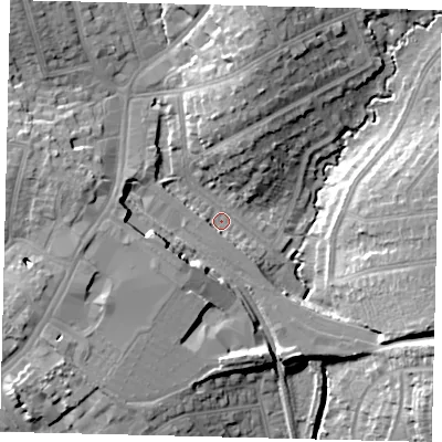 Shaded relief map of the ground around HA89XF, computed from Environment Agency LiDAR. The ground here sits at about 53 m above sea level and falls 16 m across the surrounding 800 m. Surface water reaching this point runs off ground lying to the east-south-east, 15.2 m higher.