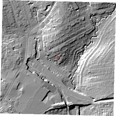 Shaded relief map of the ground around HA89XG, computed from Environment Agency LiDAR. The ground here sits at about 56 m above sea level and falls 17 m across the surrounding 800 m. Surface water reaching this point runs off ground lying to the north, 16.1 m higher.