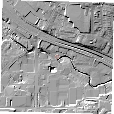 Shaded relief map of the ground around HA90AD, computed from Environment Agency LiDAR. The ground here sits at about 31 m above sea level and falls 26 m across the surrounding 800 m. Surface water reaching this point runs off ground lying to the north-west, 10.7 m higher.