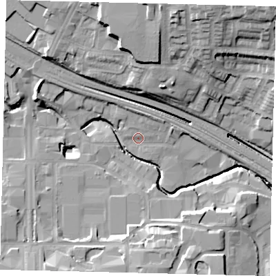 Shaded relief map of the ground around HA90AH, computed from Environment Agency LiDAR. The ground here sits at about 31 m above sea level and falls 27 m across the surrounding 800 m. Surface water reaching this point runs off ground lying to the north, 4.3 m higher.