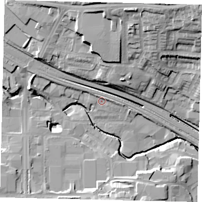 Shaded relief map of the ground around HA90AJ, computed from Environment Agency LiDAR. The ground here sits at about 33 m above sea level and falls 29 m across the surrounding 800 m. Surface water reaching this point runs off ground lying to the north-north-west, 2.5 m higher.