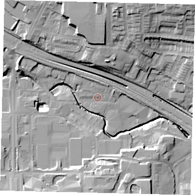Shaded relief map of the ground around HA90AQ, computed from Environment Agency LiDAR. The ground here sits at about 32 m above sea level and falls 27 m across the surrounding 800 m. Surface water reaching this point runs off ground lying to the south-south-west, 13.3 m higher.