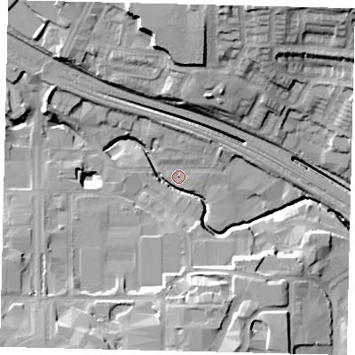 Shaded relief map of the ground around HA90AR, computed from Environment Agency LiDAR. The ground here sits at about 31 m above sea level and falls 24 m across the surrounding 800 m. Surface water reaching this point runs off ground lying to the south-south-east, 14.6 m higher.