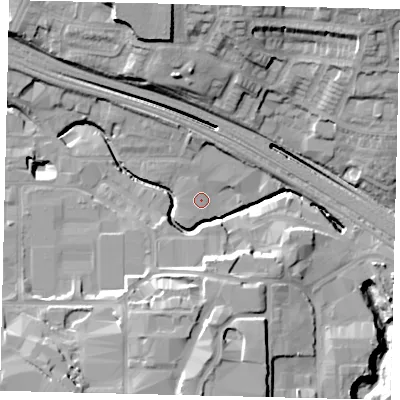Shaded relief map of the ground around HA90AS, computed from Environment Agency LiDAR. The ground here sits at about 31 m above sea level and falls 22 m across the surrounding 800 m. Surface water reaching this point runs off ground lying to the south-south-east, 12.1 m higher.