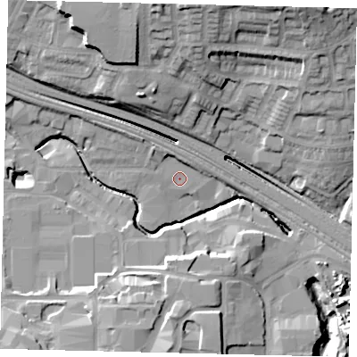 Shaded relief map of the ground around HA90AT, computed from Environment Agency LiDAR. The ground here sits at about 31 m above sea level and falls 25 m across the surrounding 800 m. Surface water reaching this point runs off ground lying to the south, 12.1 m higher.