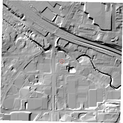 Shaded relief map of the ground around HA90DL, computed from Environment Agency LiDAR. The ground here sits at about 32 m above sea level and falls 23 m across the surrounding 800 m. Surface water reaching this point runs off ground lying to the south, 7.1 m higher.