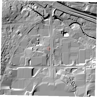 Shaded relief map of the ground around HA90GU, computed from Environment Agency LiDAR. The ground here sits at about 35 m above sea level and falls 21 m across the surrounding 800 m. Surface water reaching this point runs off ground lying to the south-west, 15.2 m higher.