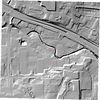 Shaded relief map of the ground around HA90JX, computed from Environment Agency LiDAR. The ground here sits at about 31 m above sea level and falls 21 m across the surrounding 800 m. Surface water reaching this point runs off ground lying to the south, 2.4 m higher.
