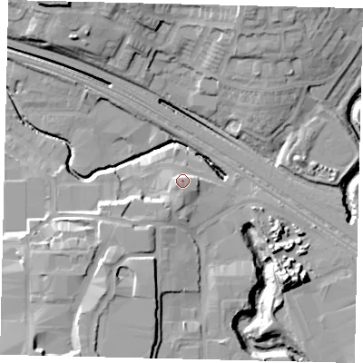 Shaded relief map of the ground around HA90LH, computed from Environment Agency LiDAR. The ground here sits at about 36 m above sea level and falls 21 m across the surrounding 800 m. Surface water reaching this point runs off ground lying to the west-south-west, 3.0 m higher.