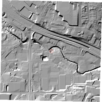 Shaded relief map of the ground around HA90LR, computed from Environment Agency LiDAR. The ground here sits at about 29 m above sea level and falls 25 m across the surrounding 800 m. Surface water reaching this point runs off ground lying to the south-south-west, 11.3 m higher.