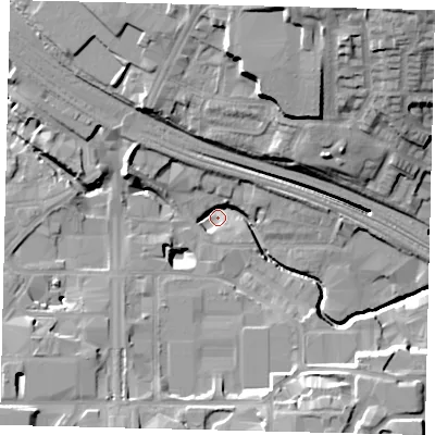 Shaded relief map of the ground around HA90LS, computed from Environment Agency LiDAR. The ground here sits at about 29 m above sea level and falls 26 m across the surrounding 800 m. Surface water reaching this point runs off ground lying to the north-west, 10.7 m higher.