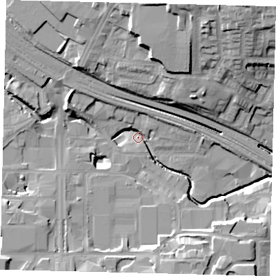 Shaded relief map of the ground around HA90LU, computed from Environment Agency LiDAR. The ground here sits at about 29 m above sea level and falls 26 m across the surrounding 800 m. Surface water reaching this point runs off ground lying to the south-south-west, 10.8 m higher.