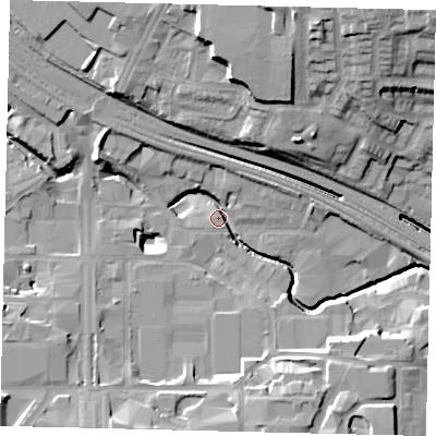 Shaded relief map of the ground around HA90LX, computed from Environment Agency LiDAR. The ground here sits at about 30 m above sea level and falls 25 m across the surrounding 800 m. Surface water reaching this point runs off ground lying to the south-south-west, 11.7 m higher.