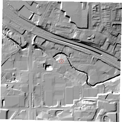 Shaded relief map of the ground around HA90LY, computed from Environment Agency LiDAR. The ground here sits at about 31 m above sea level and falls 24 m across the surrounding 800 m. Surface water reaching this point runs off ground lying to the south-south-west, 1.2 m higher.