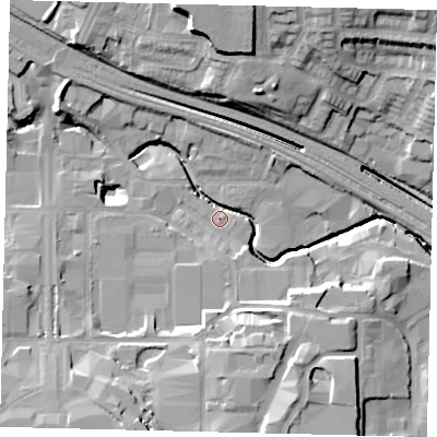 Shaded relief map of the ground around HA90NL, computed from Environment Agency LiDAR. The ground here sits at about 31 m above sea level and falls 21 m across the surrounding 800 m. Surface water reaching this point runs off ground lying to the south-south-east, 14.6 m higher.