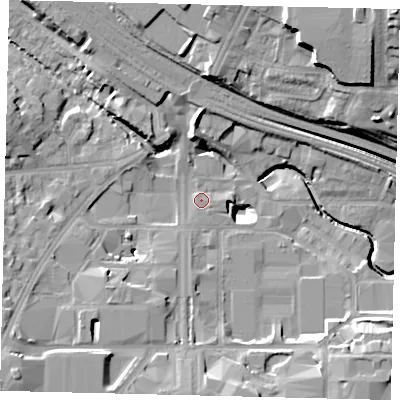 Shaded relief map of the ground around HA90NP, computed from Environment Agency LiDAR. The ground here sits at about 33 m above sea level and falls 23 m across the surrounding 800 m. Surface water reaching this point runs off ground lying to the south, 7.3 m higher.