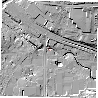 Shaded relief map of the ground around HA90PL, computed from Environment Agency LiDAR. The ground here sits at about 30 m above sea level and falls 27 m across the surrounding 800 m. Surface water reaching this point runs off ground lying to the north-west, 9.9 m higher.