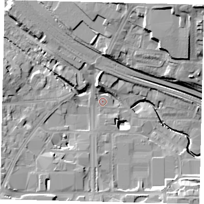 Shaded relief map of the ground around HA90PP, computed from Environment Agency LiDAR. The ground here sits at about 32 m above sea level and falls 26 m across the surrounding 800 m. Surface water reaching this point runs off ground lying to the south, 5.7 m higher.