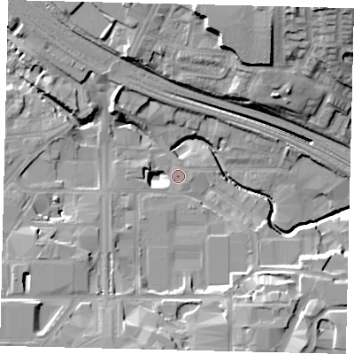 Shaded relief map of the ground around HA90QJ, computed from Environment Agency LiDAR. The ground here sits at about 32 m above sea level and falls 23 m across the surrounding 800 m. Surface water reaching this point runs off ground lying to the west, 5.9 m higher.