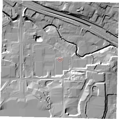 Shaded relief map of the ground around HA90TF, computed from Environment Agency LiDAR. The ground here sits at about 33 m above sea level and falls 16 m across the surrounding 800 m. Surface water reaching this point runs off ground lying to the west-north-west, 0.7 m higher.