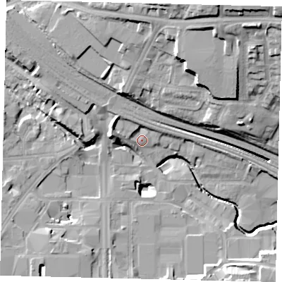 Shaded relief map of the ground around HA90UU, computed from Environment Agency LiDAR. The ground here sits at about 33 m above sea level and falls 28 m across the surrounding 800 m. Surface water reaching this point runs off ground lying to the north-west, 5.7 m higher.