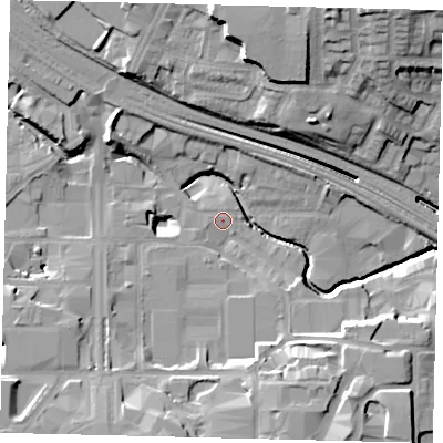 Shaded relief map of the ground around HA90UW, computed from Environment Agency LiDAR. The ground here sits at about 31 m above sea level and falls 23 m across the surrounding 800 m. Surface water reaching this point runs off ground lying to the south-south-east, 11.5 m higher.