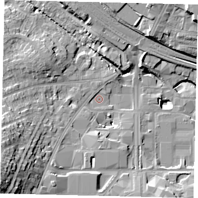 Shaded relief map of the ground around HA90XR, computed from Environment Agency LiDAR. The ground here sits at about 33 m above sea level and falls 30 m across the surrounding 800 m. Surface water reaching this point runs off ground lying to the south-west, 8.1 m higher.