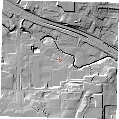 Shaded relief map of the ground around HA90YF, computed from Environment Agency LiDAR. The ground here sits at about 31 m above sea level and falls 21 m across the surrounding 800 m. Surface water reaching this point runs off ground lying to the south-south-west, 11.7 m higher.