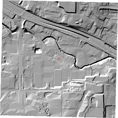 Shaded relief map of the ground around HA90YG, computed from Environment Agency LiDAR. The ground here sits at about 31 m above sea level and falls 21 m across the surrounding 800 m. Surface water reaching this point runs off ground lying to the south-south-west, 11.7 m higher.