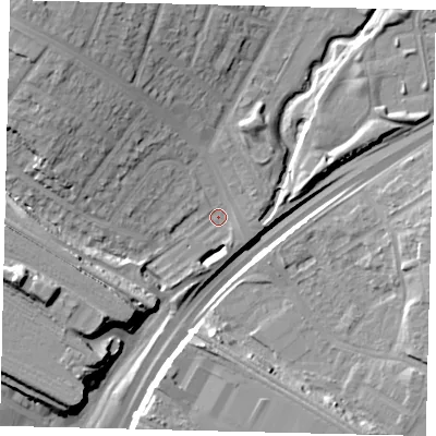 Shaded relief map of the ground around HA96DF, computed from Environment Agency LiDAR. The ground here sits at about 25 m above sea level and falls 23 m across the surrounding 800 m. Surface water reaching this point runs off ground lying to the north-west, 18.7 m higher.